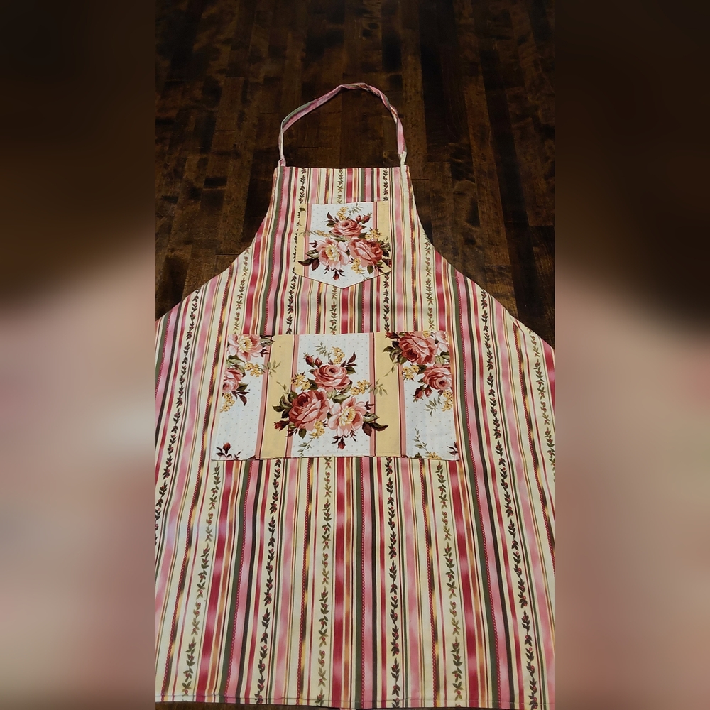 Floral Stripe Apron with Rose Panel - Pink, Cream, Green